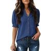 image:imageDokotoo Women Denim Shirt Button Down Casual Short Sleeve V Neck Blouse Summer TopsDark Blue
