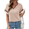 image:imageDokotoo Womens Summer Tops 2026 Colorblock V Neck Short Sleeve T Shirts Dressy Casual Clothes Vacation OutfitsBeige