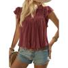 image:imageDokotoo Womens Summer Tops Dressy Casual Ruffle Cap Sleeve Chiffon Blouses Tassel V Neck Lace Embroidery Pleated ShirtsRed