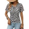 image:imageDokotoo Womens Summer Tops Short Sleeve Mesh Boho Floral V Neck Ruched Front Casual Slim Fit Stretch Blouses ShirtsBlack