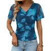 image:imageDokotoo Womens Summer Tops Short Sleeve Mesh Boho Floral V Neck Ruched Front Casual Slim Fit Stretch Blouses ShirtsBlue