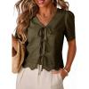 image:imageDokotoo Womens Tie Front Tops Summer VNeck Puff Short Sleeve Crop Tops Loose Fit Blouses Eyelet Embroidered ShirtsGreen