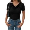 image:imageDokotoo Womens Tops Summer Cowl Neck Side Pleated Short Sleeve Shirt Slim Fit T Shirts Dressy 2026 Fashion OutfitsBlack
