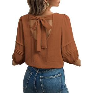 image:imageDokotoo Blouses for Women Dressy Casual Crewneck 34 Length Sleeve Womens Tops Loose Business Work ShirtsChestnut