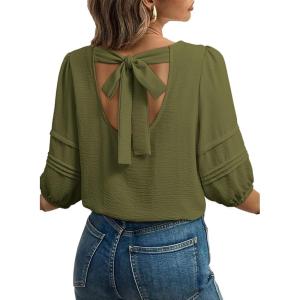 image:imageDokotoo Blouses for Women Dressy Casual Crewneck 34 Length Sleeve Womens Tops Loose Business Work ShirtsMoss Green