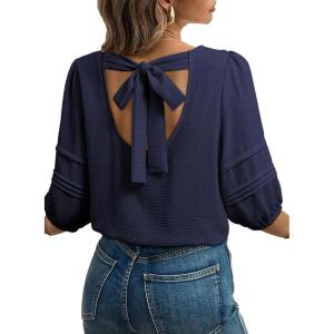 image:imageDokotoo Blouses for Women Dressy Casual Crewneck 34 Length Sleeve Womens Tops Loose Business Work ShirtsNavy Blue