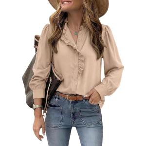 image:imageDokotoo Button Down Shirts for Women Dressy Casual Ruffle Lace Collared Chiffon Blouse Long Sleeve Business Work TopsBeige