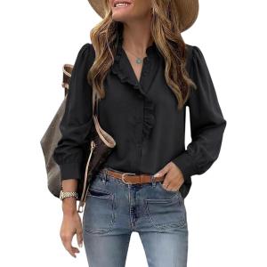 image:imageDokotoo Button Down Shirts for Women Dressy Casual Ruffle Lace Collared Chiffon Blouse Long Sleeve Business Work TopsBlack