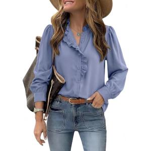 image:imageDokotoo Button Down Shirts for Women Dressy Casual Ruffle Lace Collared Chiffon Blouse Long Sleeve Business Work TopsBlue