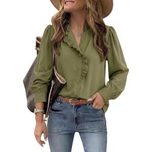 image:imageDokotoo Button Down Shirts for Women Dressy Casual Ruffle Lace Collared Chiffon Blouse Long Sleeve Business Work TopsGreen