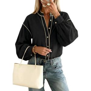 image:imageDokotoo Button Down Shirts for Women Lantern Long Sleeve Blouse Contrast Trim Dressy Casual Tops OutfitsBlack
