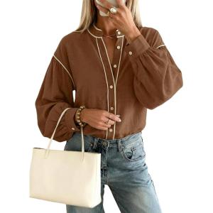 image:imageDokotoo Button Down Shirts for Women Lantern Long Sleeve Blouse Contrast Trim Dressy Casual Tops OutfitsBrown