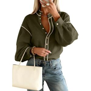 image:imageDokotoo Button Down Shirts for Women Lantern Long Sleeve Blouse Contrast Trim Dressy Casual Tops OutfitsGreen