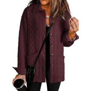 image:imageDokotoo Casual Quilted Jackets for Women Button Down Collared Long Sleeve Coats with PocketsBurgundy