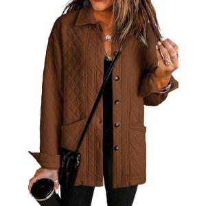 image:imageDokotoo Casual Quilted Jackets for Women Button Down Collared Long Sleeve Coats with PocketsChestnut