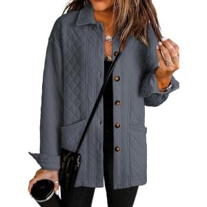 image:imageDokotoo Casual Quilted Jackets for Women Button Down Collared Long Sleeve Coats with PocketsDark Grey