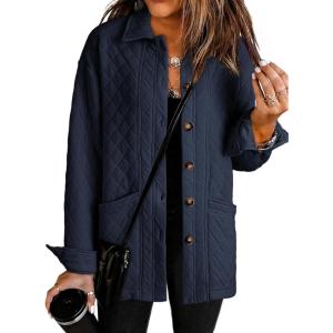 image:imageDokotoo Casual Quilted Jackets for Women Button Down Collared Long Sleeve Coats with PocketsNavy Blue