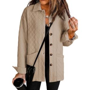 image:imageDokotoo Casual Quilted Jackets for Women Button Down Collared Long Sleeve Coats with PocketsSmoke Gray