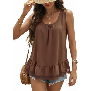 image:imageDokotoo Casual Tank Tops for Women 2026 Round Neck Camisole Top Ruffled Hem Shirt Lace Trim Loose Summer TopsCoffee