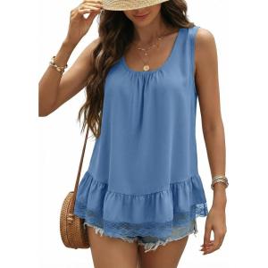 image:imageDokotoo Casual Tank Tops for Women 2026 Round Neck Camisole Top Ruffled Hem Shirt Lace Trim Loose Summer TopsDusk Blue