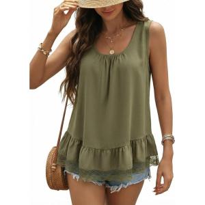 image:imageDokotoo Casual Tank Tops for Women 2026 Round Neck Camisole Top Ruffled Hem Shirt Lace Trim Loose Summer TopsLaurel Green