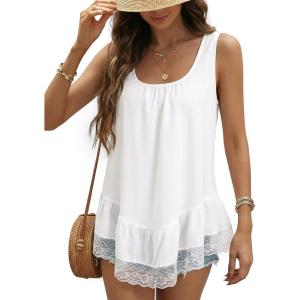 image:imageDokotoo Casual Tank Tops for Women 2026 Round Neck Camisole Top Ruffled Hem Shirt Lace Trim Loose Summer TopsWhite