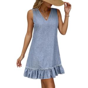 image:imageDokotoo Denim Dress for Women Spring Summer Sleeveless V Neck Ruffle Hem Lightweight Casual ALine Mini Jean DressesBeau Blue