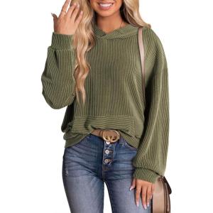 image:imageDokotoo Hoodies for Women 2026 Casual Oversized Hoodie Long Sleeve Sweatshirt Solid Pullover Ribbed Knit TopsAjungle Green