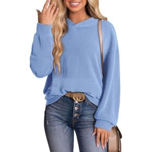 image:imageDokotoo Hoodies for Women 2026 Casual Oversized Hoodie Long Sleeve Sweatshirt Solid Pullover Ribbed Knit TopsBeau Blue