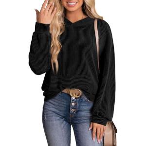 image:imageDokotoo Hoodies for Women 2026 Casual Oversized Hoodie Long Sleeve Sweatshirt Solid Pullover Ribbed Knit TopsBlack