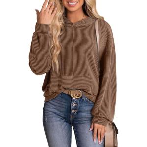 image:imageDokotoo Hoodies for Women 2026 Casual Oversized Hoodie Long Sleeve Sweatshirt Solid Pullover Ribbed Knit TopsChocolate Brown