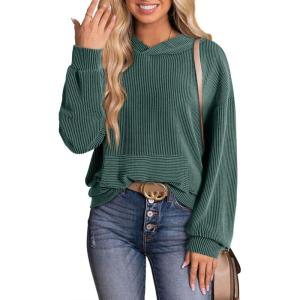image:imageDokotoo Hoodies for Women 2026 Casual Oversized Hoodie Long Sleeve Sweatshirt Solid Pullover Ribbed Knit TopsEvergreen