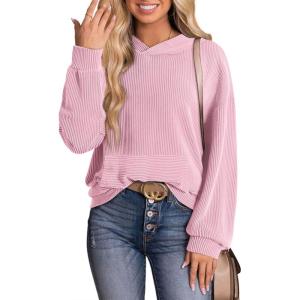 image:imageDokotoo Hoodies for Women 2026 Casual Oversized Hoodie Long Sleeve Sweatshirt Solid Pullover Ribbed Knit TopsPink