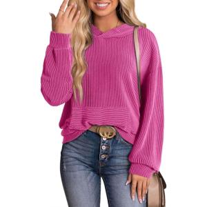 image:imageDokotoo Hoodies for Women 2026 Casual Oversized Hoodie Long Sleeve Sweatshirt Solid Pullover Ribbed Knit TopsRose Red