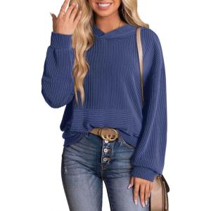 image:imageDokotoo Hoodies for Women 2026 Casual Oversized Hoodie Long Sleeve Sweatshirt Solid Pullover Ribbed Knit TopsSail Blue