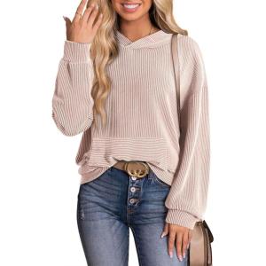 image:imageDokotoo Hoodies for Women 2026 Casual Oversized Hoodie Long Sleeve Sweatshirt Solid Pullover Ribbed Knit TopsSmoke Gray