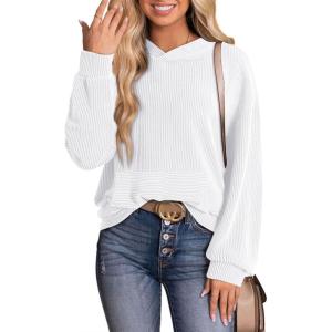 image:imageDokotoo Hoodies for Women 2026 Casual Oversized Hoodie Long Sleeve Sweatshirt Solid Pullover Ribbed Knit TopsWhite