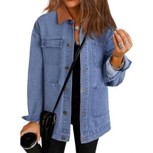 image:imageDokotoo Jean Jacket Women Trendy Fall Fashion Long Sleeve Denim Jacket Corduroy Collar Barn Jackets Oversized Coat 2025Deep Blue