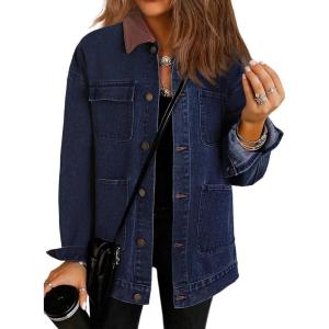 image:imageDokotoo Jean Jacket Women Trendy Fall Fashion Long Sleeve Denim Jacket Corduroy Collar Barn Jackets Oversized Coat 2025Dirty Blue
