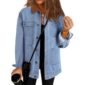image:imageDokotoo Jean Jacket Women Trendy Fall Fashion Long Sleeve Denim Jacket Corduroy Collar Barn Jackets Oversized Coat 2025Sky Blue