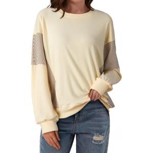 image:imageDokotoo Oversized Crewneck Sweatshirt for Women Long Sleeve Soft Knit Tops Striped Contrast Tunic Shirts Fall Winter ClothesApricot