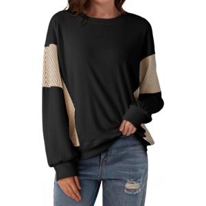 image:imageDokotoo Oversized Crewneck Sweatshirt for Women Long Sleeve Soft Knit Tops Striped Contrast Tunic Shirts Fall Winter ClothesBlack
