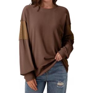 image:imageDokotoo Oversized Crewneck Sweatshirt for Women Long Sleeve Soft Knit Tops Striped Contrast Tunic Shirts Fall Winter ClothesChocolate Brown