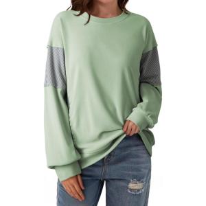 image:imageDokotoo Oversized Crewneck Sweatshirt for Women Long Sleeve Soft Knit Tops Striped Contrast Tunic Shirts Fall Winter ClothesGreen