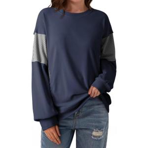 image:imageDokotoo Oversized Crewneck Sweatshirt for Women Long Sleeve Soft Knit Tops Striped Contrast Tunic Shirts Fall Winter ClothesNavy Blue