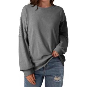 image:imageDokotoo Oversized Crewneck Sweatshirt for Women Long Sleeve Soft Knit Tops Striped Contrast Tunic Shirts Fall Winter ClothesNavy Grey