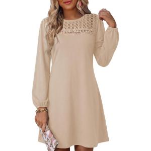 image:imageDokotoo Spring Dresses for Women 2026 Crochet Lace Neck Long Sleeve A Line Shift Dress Flowy Swing Mini DressApricot