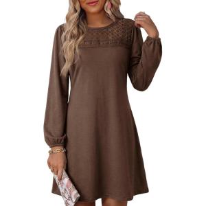 image:imageDokotoo Spring Dresses for Women 2026 Crochet Lace Neck Long Sleeve A Line Shift Dress Flowy Swing Mini DressCoffee