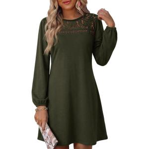image:imageDokotoo Spring Dresses for Women 2026 Crochet Lace Neck Long Sleeve A Line Shift Dress Flowy Swing Mini DressLace Green