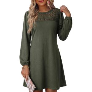 image:imageDokotoo Spring Dresses for Women 2026 Crochet Lace Neck Long Sleeve A Line Shift Dress Flowy Swing Mini DressMoss Green